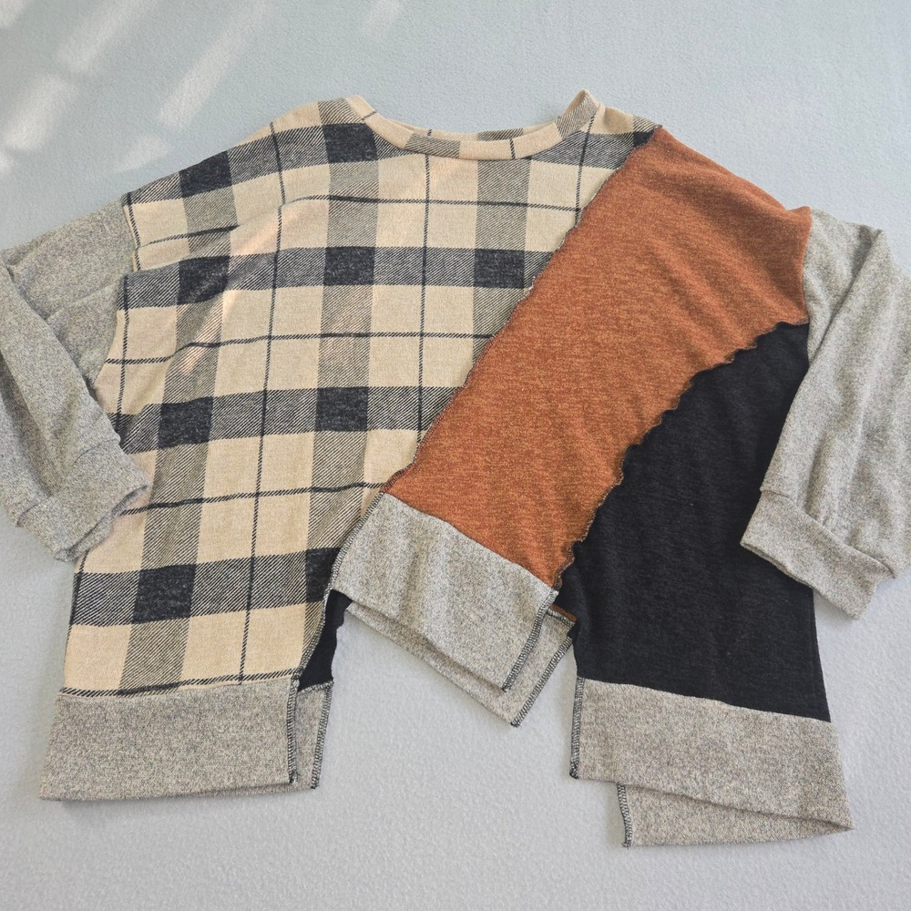BiBi Tunic Top Women XL Multi Colorblock Plaid Asymmetrical Raw Hem Oversized